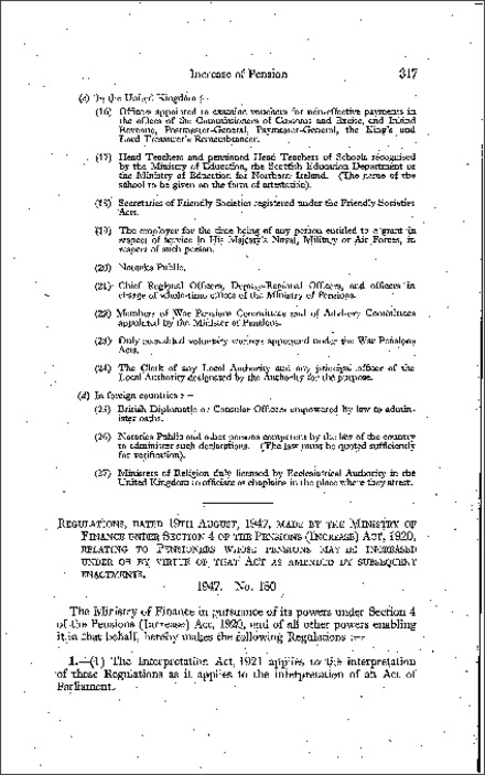 The Pensions (Increase) Regulations (Northern Ireland) 1947