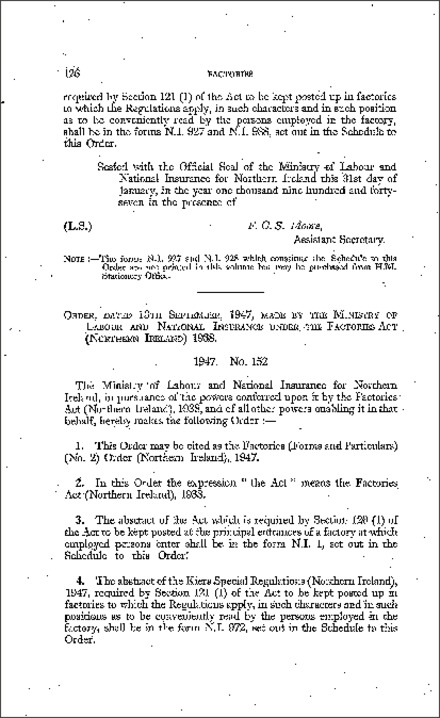 The Factories (Forms and Particulars) (No. 2) Order (Northern Ireland) 1947