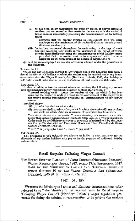 The Retail Bespoke Tailoring Wages Council (Northern Ireland) Wages Regulation Order (Northern Ireland) 1947