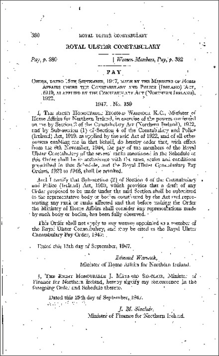 The Royal Ulster Constabulary Pay Order (Northern Ireland) 1947