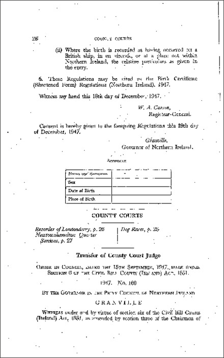 The Order nominating Isaac Copeland Esquire to act as Recorder of Londonderry (Sept. 15th) (Northern Ireland) 1947