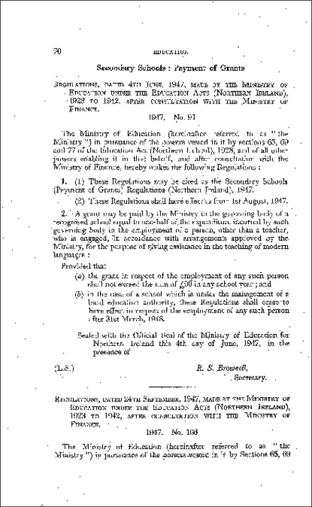 The Secondary Schools (Payment of Grants) (No. 2) Regulations (Northern Ireland) 1947