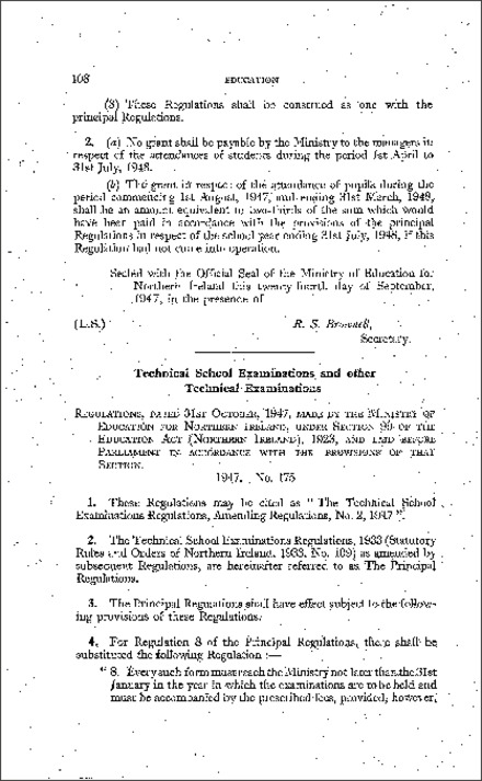 The Technical Schools Examinations Regulation, Amending Regulations (No. 2) (Northern Ireland) 1947