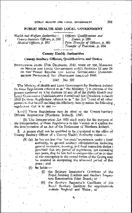 The County Sanitary Officers Regulations (Northern Ireland) 1947
