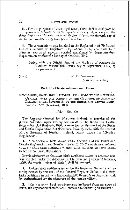 The Birth Certificate (Shortened Form) Regulations (Northern Ireland) 1947