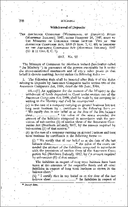 The Assurance Companies (Withdrawal of Deposits) Rules (Northern Ireland) 1947