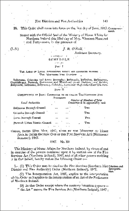 The Fire Services (Southern Fire District and Fire Authority) Order (Northern Ireland) 1947
