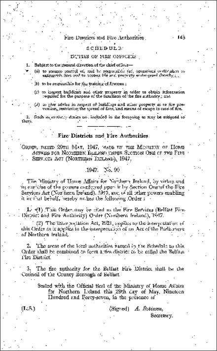 The Fire Services (Belfast Fire District and Fire Authority) Order (Northern Ireland) 1947