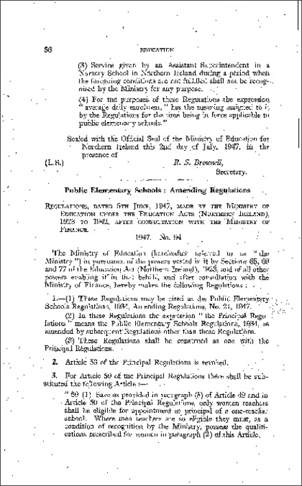 The Public Elementary Schools Regulations 1934 Amending Regulations, No. 24 (Northern Ireland) 1947