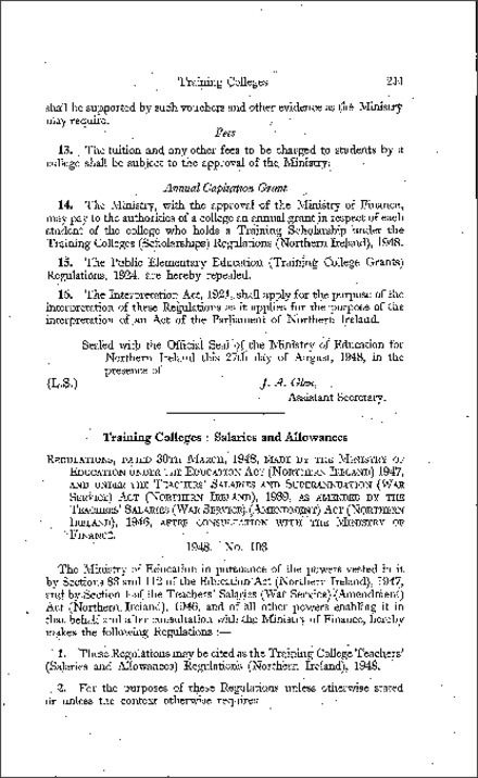 The Training College Teachers' (Salaries and Allowances) Regulations (Northern Ireland) 1948
