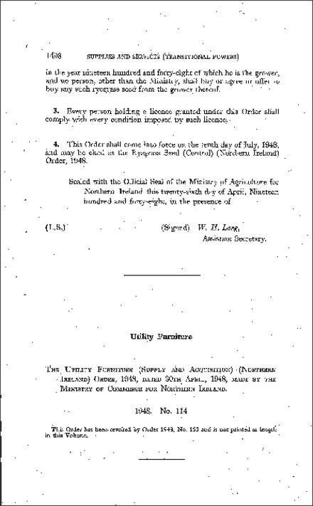 The Utility Furniture (Supply and Acquisition) Order (Northern Ireland) 1948