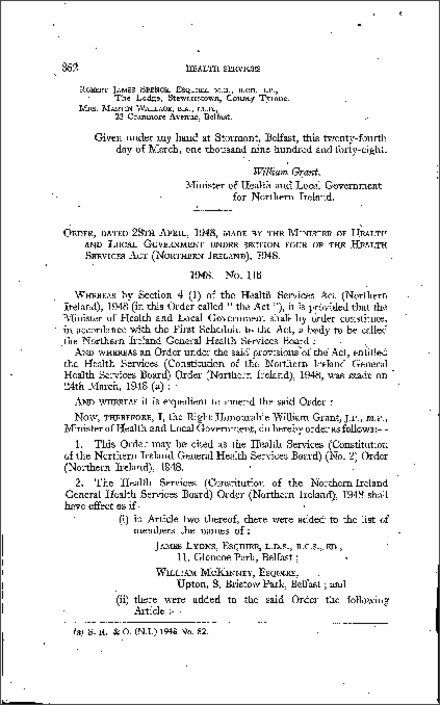The Health Services (Constitution of the Northern Ireland General Health Services Board) (No. 2) Order (Northern Ireland) 1948