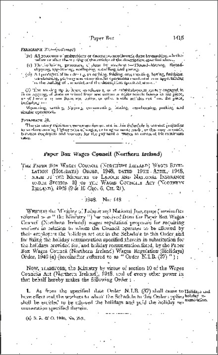 The Paper Box Wages Council Wages Regulations (Holidays) Order (Northern Ireland) 1948