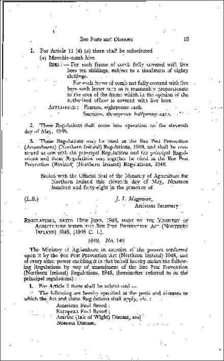The Bee Pest Prevention (Amendment) (No. 2) Regulations (Northern Ireland) 1948