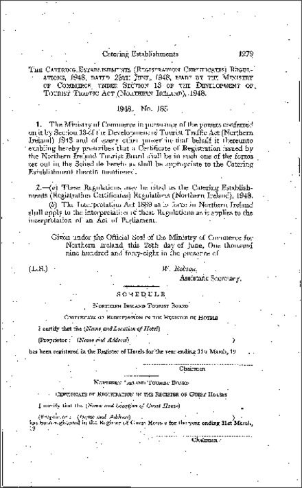 The Catering Establishments (Registration Certificates) Regulations (Northern Ireland) 1948