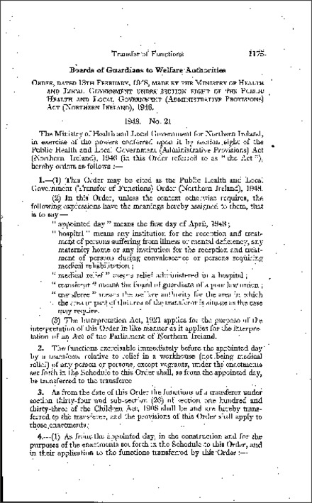 The Public Health and Local Government (Transfer of Functions) Order (Northern Ireland) 1948