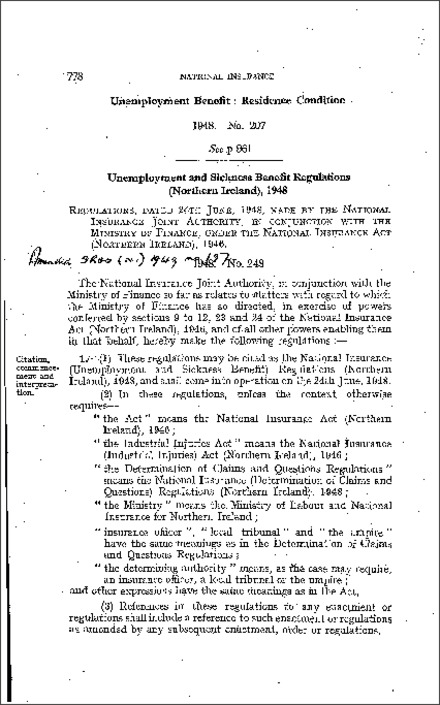 The National Insurance (Unemployment and Sickness Benefit) Regulations (Northern Ireland) 1948