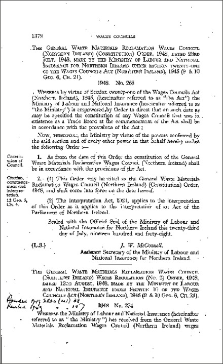 The General Waste Materials Reclamation Wages Council Wages Regulations (No. 2) Order (Northern Ireland) 1948