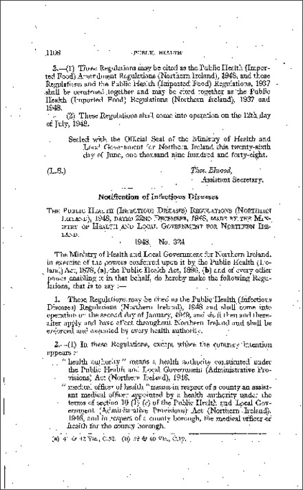 The Public Health (Infectious Diseases) Regulations (Northern Ireland) 1948