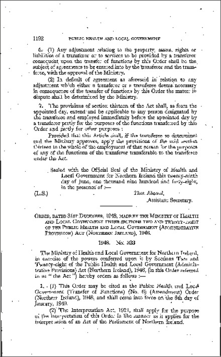 The Public Health and Local Government (Transfer of Functions) (No. 6) (Amendment) Order (Northern Ireland) 1948