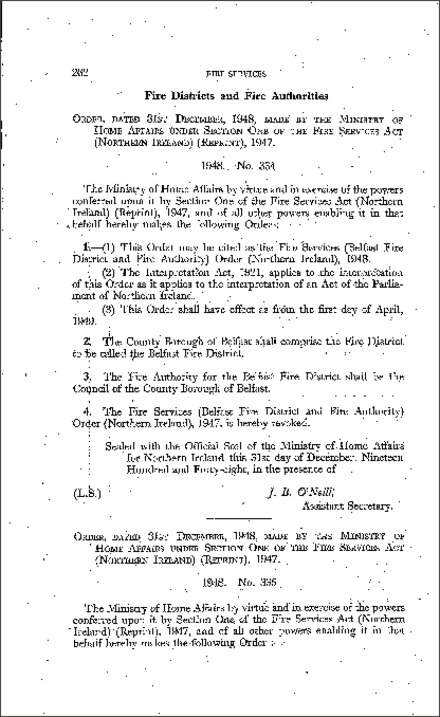 The Fire Services (Belfast Fire District and Fire Authority) Order (Northern Ireland) 1948