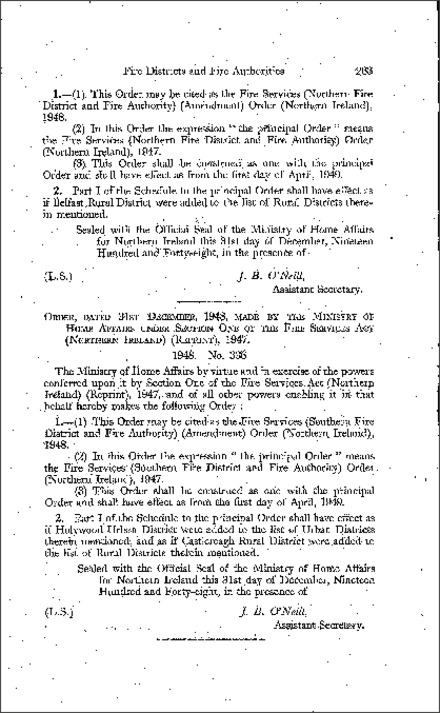 The Fire Services (Southern Fire District and Fire Authority) (Amendment) Order (Northern Ireland) 1948