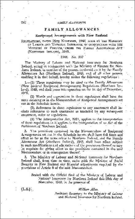 The Family Allowances (New Zealand Reciprocal Arrangements) Regulations (Northern Ireland) 1948