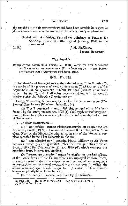 The Superannuation (War Service) Regulations (Northern Ireland) 1948