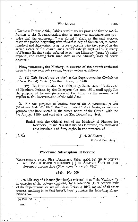 The Superannuation (War-time Interruption of Service) Regulations (Northern Ireland) 1948