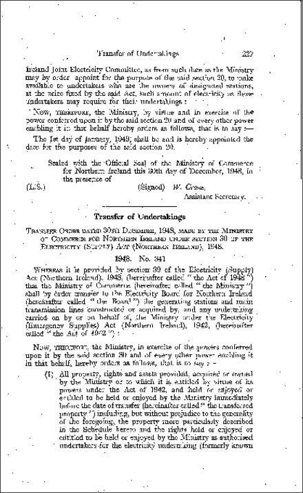 The Electricity (Transfer of Undertakings) Order (Northern Ireland) 1948