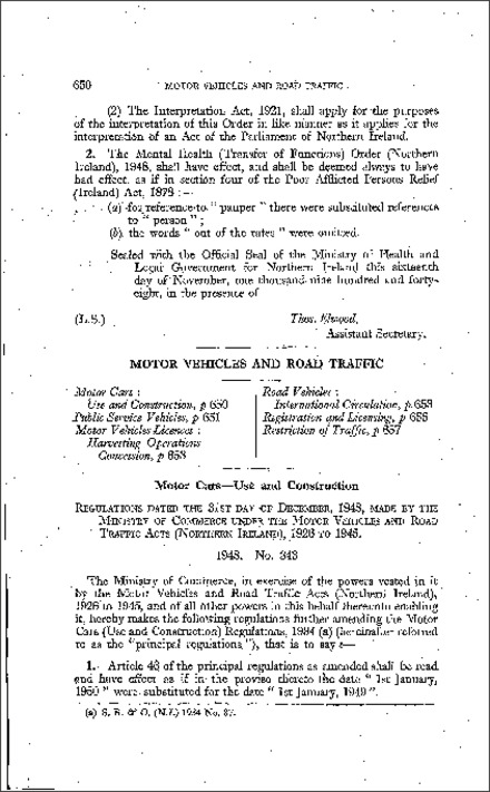 The Motor Cars (Use and Construction) (Amendment) Regulations (Northern Ireland) 1948