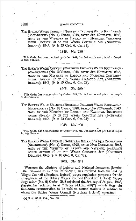 The Baking Wages Council Wages Regulations (Amendment) (No. 4) Order (Northern Ireland) 1948