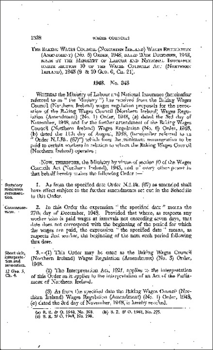 The Baking Wages Council Wages Regulations (Amendment) (No. 5) Order (Northern Ireland) 1948