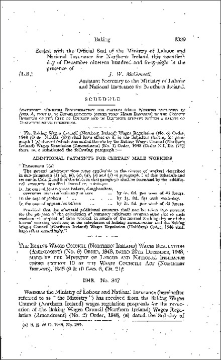 The Baking Wages Council Wages Regulations (Amendment) (No. 6) Order (Northern Ireland) 1948