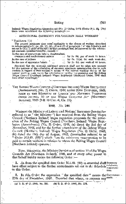 The Baking Wages Council Wages Regulations (Amendment) (No. 7) Order (Northern Ireland) 1948