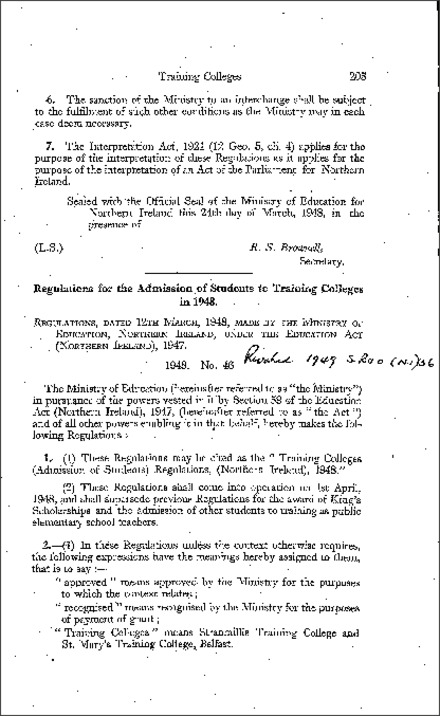 The Training Colleges (Admission of Students) Regulations (Northern Ireland) 1948