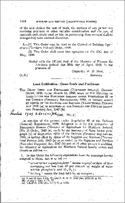 The Grass Seeds and Fertilisers General Order (Northern Ireland) 1948