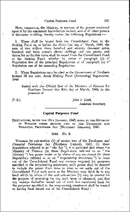 The Ministry of Finance Capital Purposes Fund Regulations (Northern Ireland) 1948
