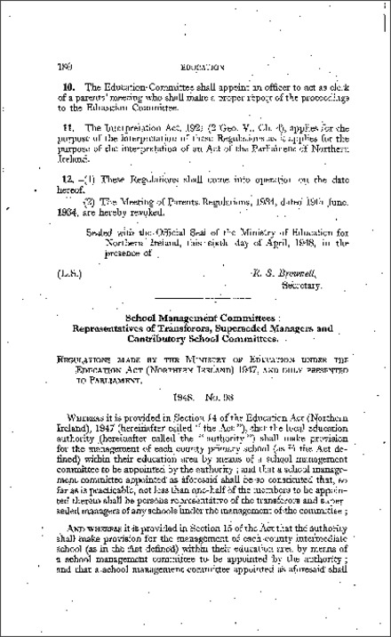 The Education (Representatives on School Management Committees) Regulations (Northern Ireland) 1948