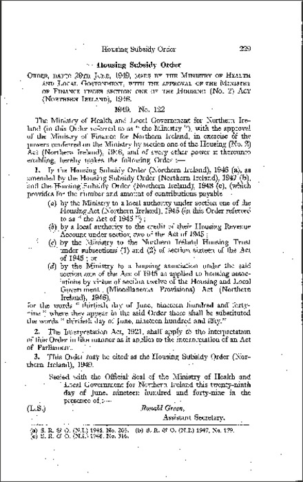 The Housing Subsidy Order (Northern Ireland) 1949
