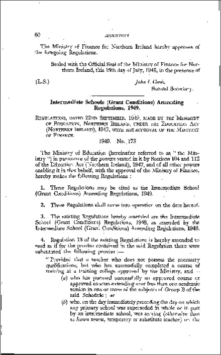 The Intermediate School (Grant Conditions) Amendment Regulations (Northern Ireland) 1949