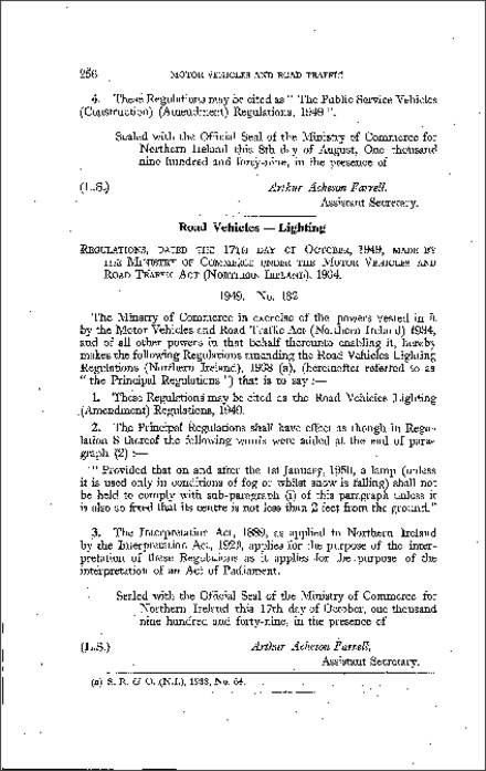 The Road Vehicles Lighting (Amendment) Regulations (Northern Ireland) 1949