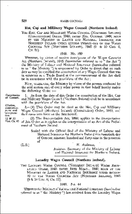 The Hat, Cap and Millinery Wages Council (Northern Ireland) (Constitution) Order (Northern Ireland) 1949