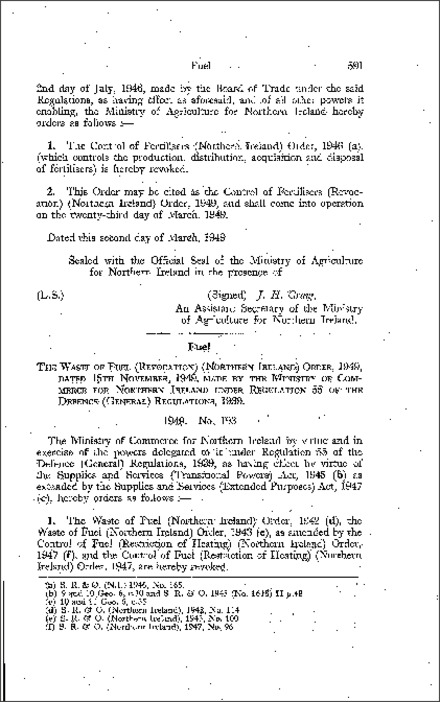 The Waste of Fuel (Revocation) Order (Northern Ireland) 1949