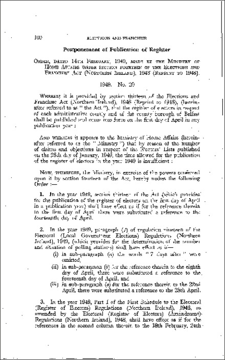 The Electoral Register (Postponement of Publication) Order (Northern Ireland) 1949