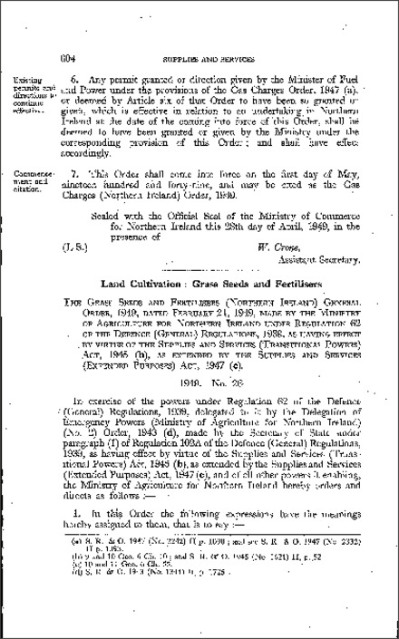 The Grass Seeds and Fertilisers General Order (Northern Ireland) 1949