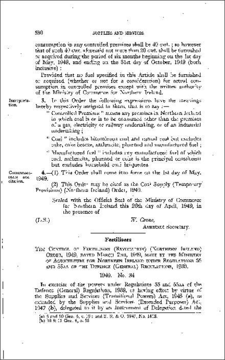 The Control of Fertilisers (Revocation) Order (Northern Ireland) 1949