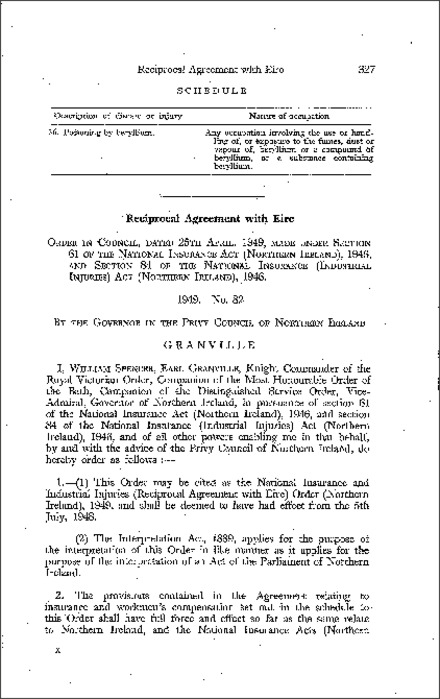The National Insurance and Industrial Injuries (Reciprocal Agreement with Eire) Order (Northern Ireland) 1949