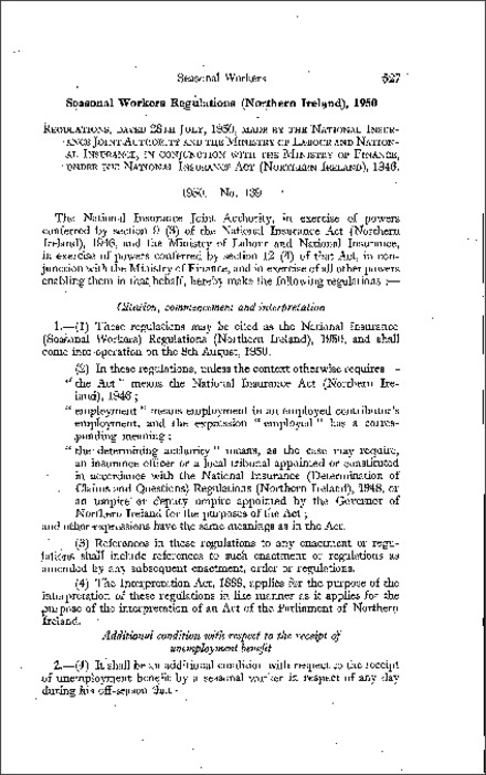 The National Insurance (Seasonal Workers) Regulations (Northern Ireland) 1950