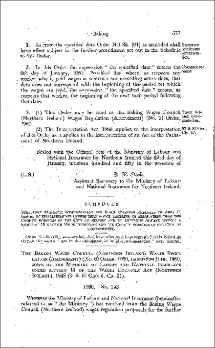 The Baking Wages Council Wages Regulations (Amendment) (No. 6) Order (Northern Ireland) 1950
